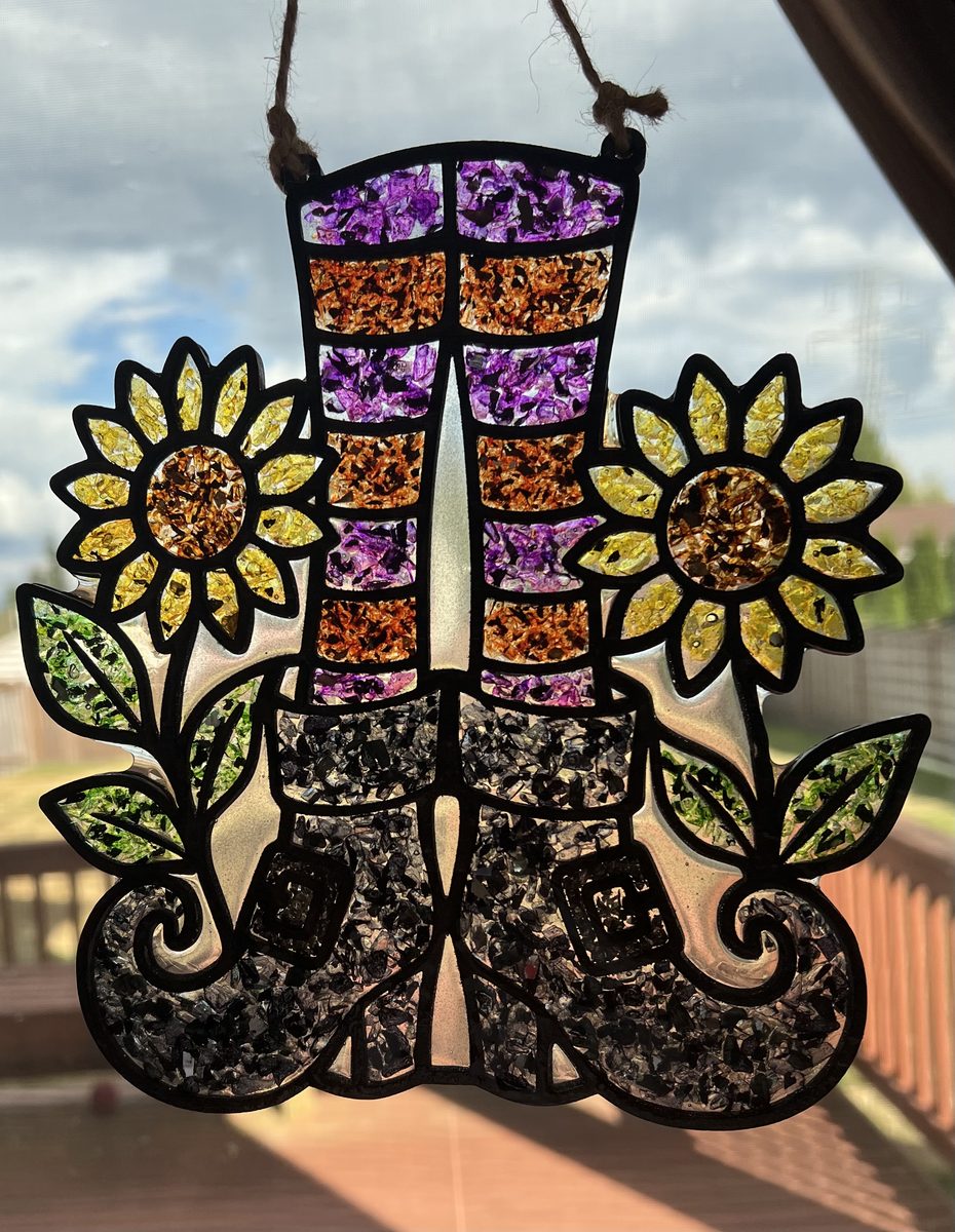 Finished witch boots suncatcher made in a class